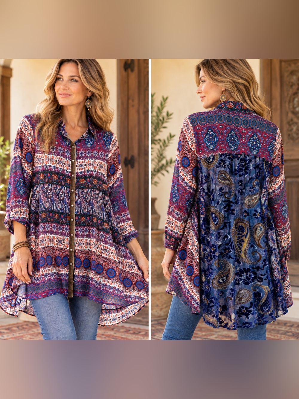 Aratta Silent Journey Boho Velvet Burnout Mixed Print Tunic Top S Lagenlook